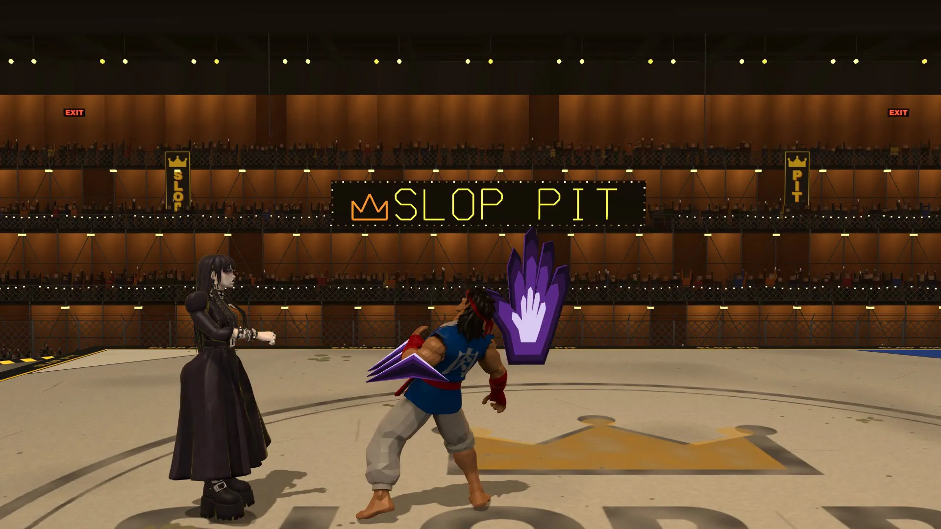 Dans le Slop Pit, Nyx fait surgir une main d’ombre derrière FightGuy : Grasp va le traîner jusqu’à ses pieds.