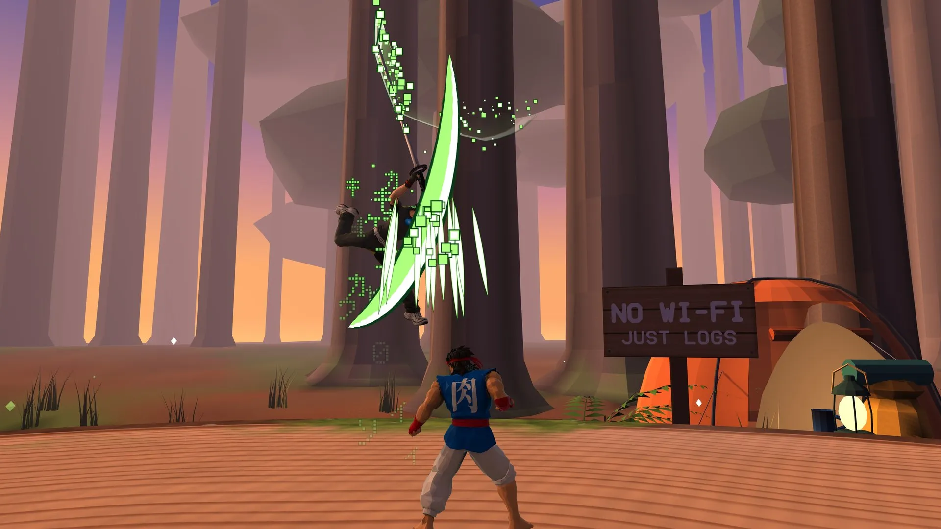 Wibou slashes down at FightGuy from above in a forest campsite at sunset.