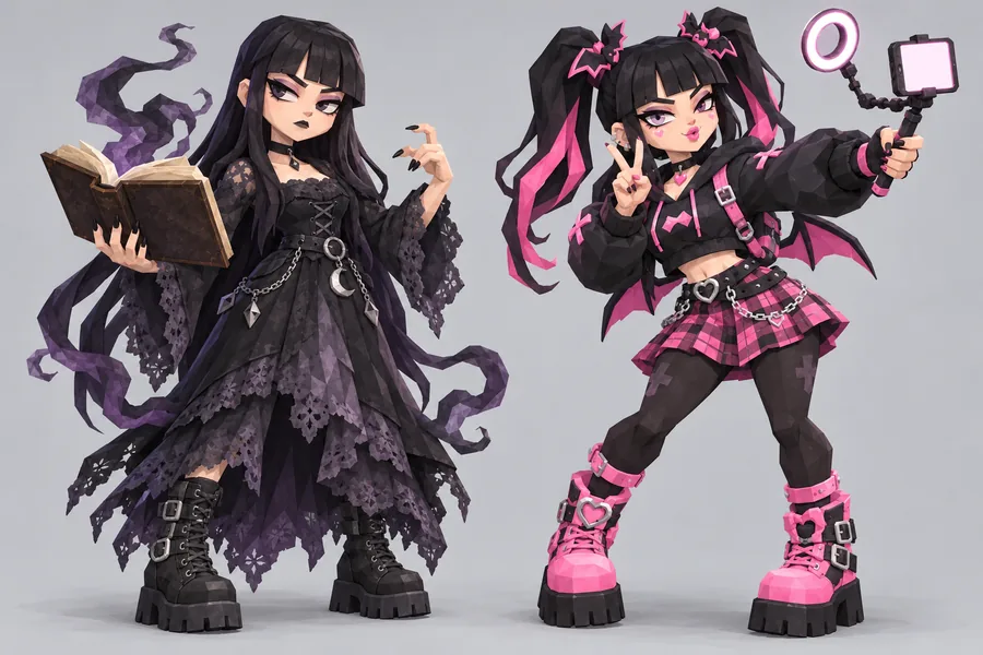 Round 1 concept: a literal goth girl next to a pink e-girl